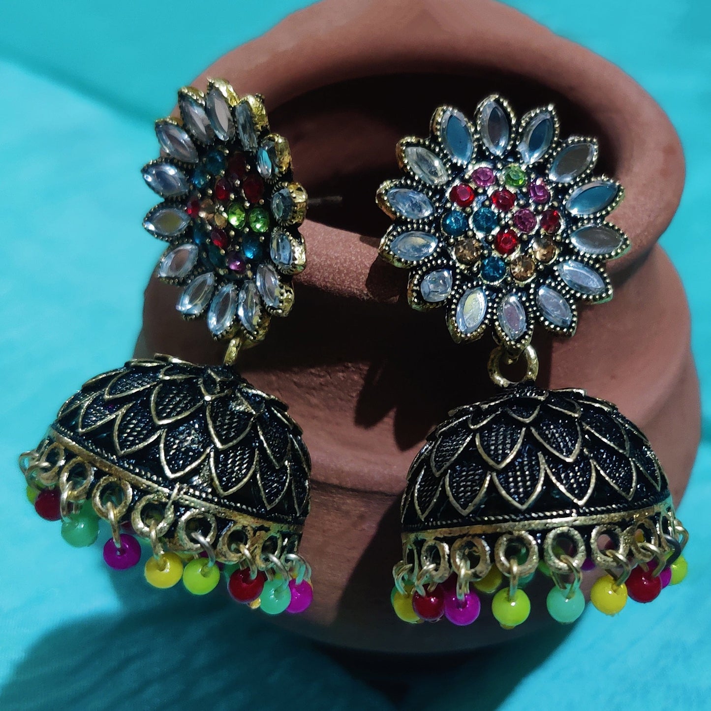 Vastradi Alloy Golden Traditional Jhumka in Multicolour