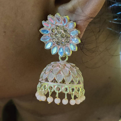 Vastradi Alloy Golden Traditional Jhumka in Peach Colour