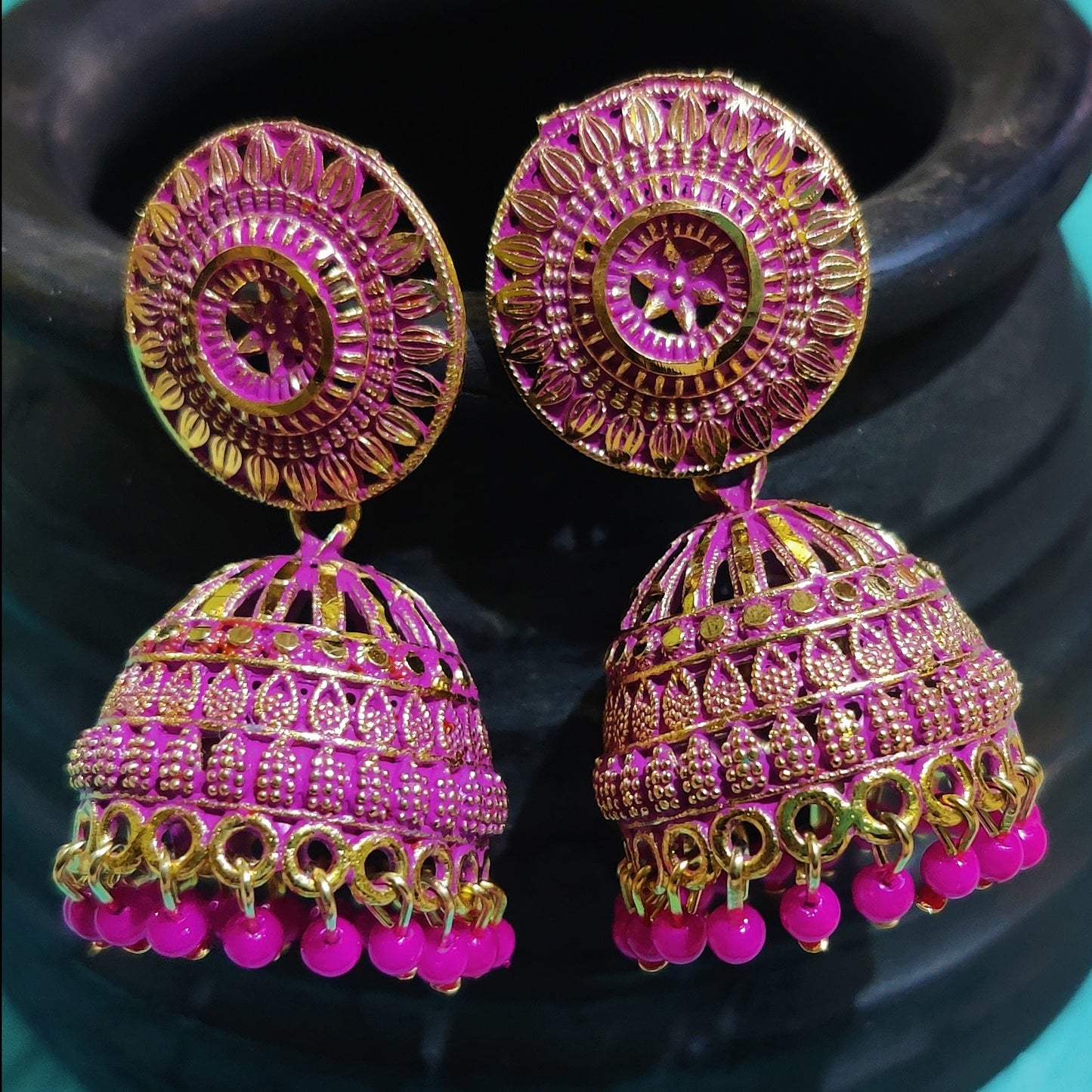 Vastradi Alloy Golden Traditional Jhumka in Pink Colour