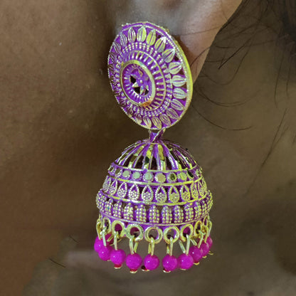 Vastradi Alloy Golden Traditional Jhumka in Pink Colour