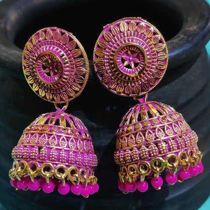 Vastradi Alloy Golden Traditional Jhumka in Pink Colour