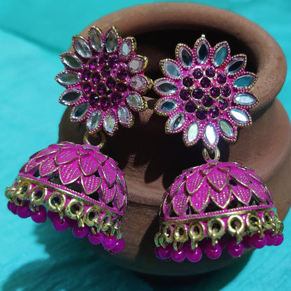 Vastradi Alloy Golden Traditional Jhumka in Pink Colour