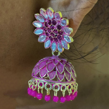 Vastradi Alloy Golden Traditional Jhumka in Pink Colour