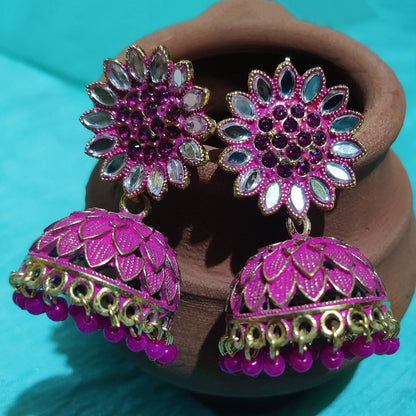 Vastradi Alloy Golden Traditional Jhumka in Pink Colour