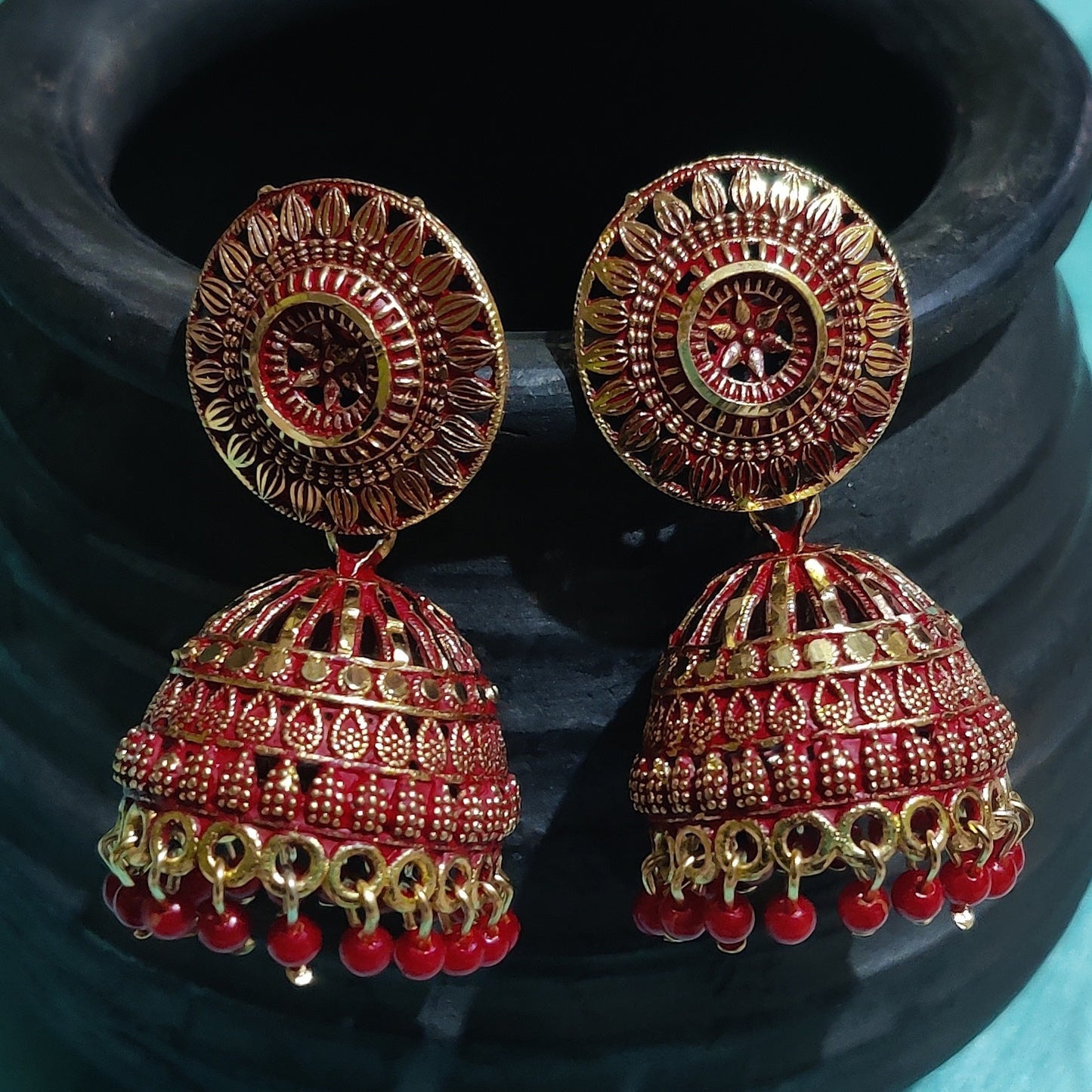 Vastradi Alloy Golden Traditional Jhumka in Red Colour