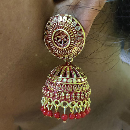 Vastradi Alloy Golden Traditional Jhumka in Red Colour