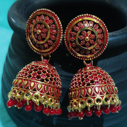 Vastradi Alloy Golden Traditional Jhumka in Red Colour