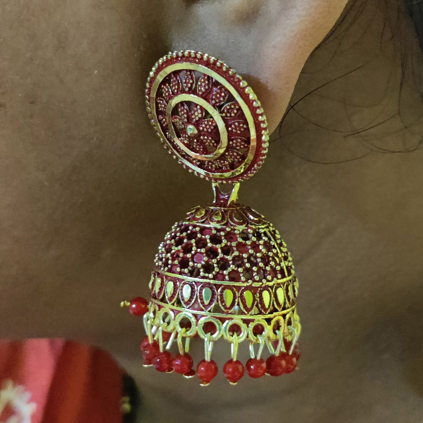 Vastradi Alloy Golden Traditional Jhumka in Red Colour