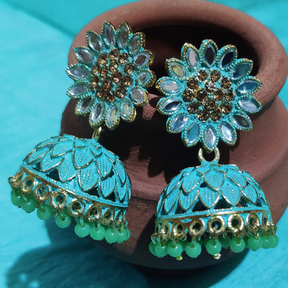 Vastradi Alloy Golden Traditional Jhumka in Sky Blue Colour