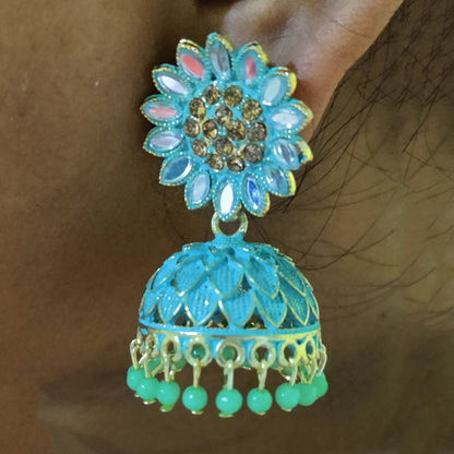 Vastradi Alloy Golden Traditional Jhumka in Sky Blue Colour