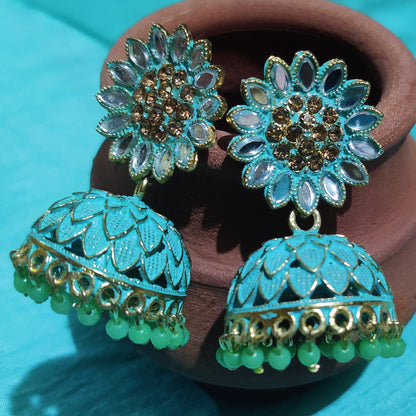 Vastradi Alloy Golden Traditional Jhumka in Sky Blue Colour