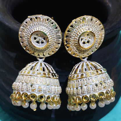 Vastradi Alloy Golden Traditional Jhumka in White Colour