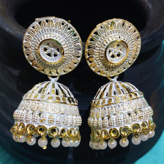 Vastradi Alloy Golden Traditional Jhumka in White Colour