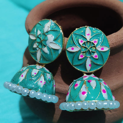 Vastradi Alloy Minakari White Beads Jhumki in Aqua Blue Colour