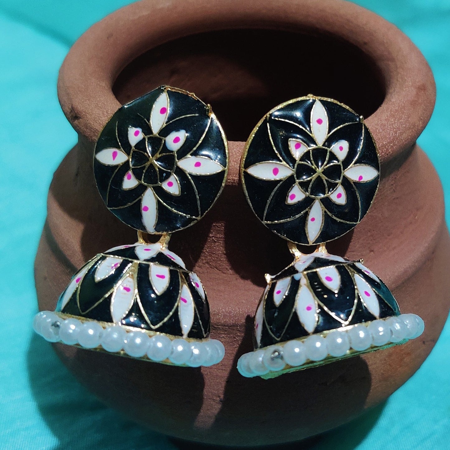 Vastradi Alloy Minakari White Beads Jhumki in Black Colour