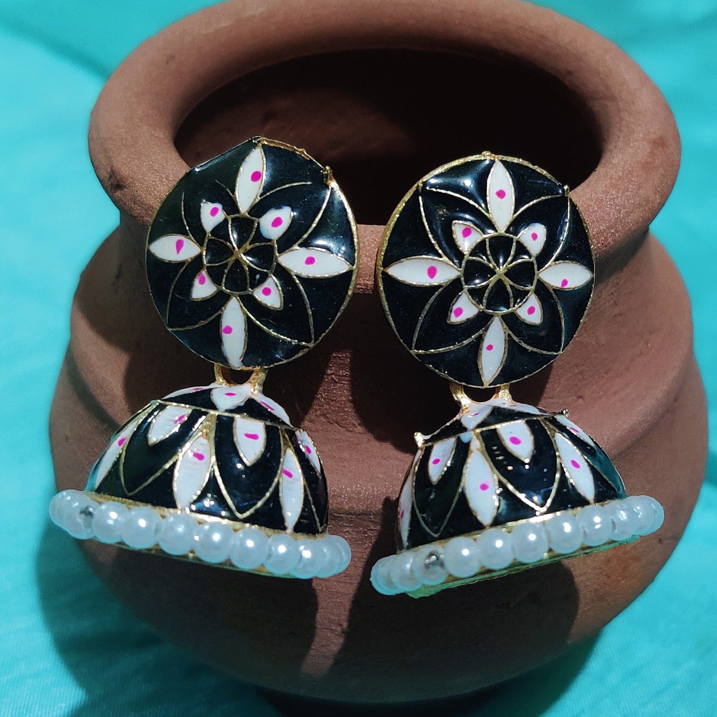 Vastradi Alloy Minakari White Beads Jhumki in Black Colour