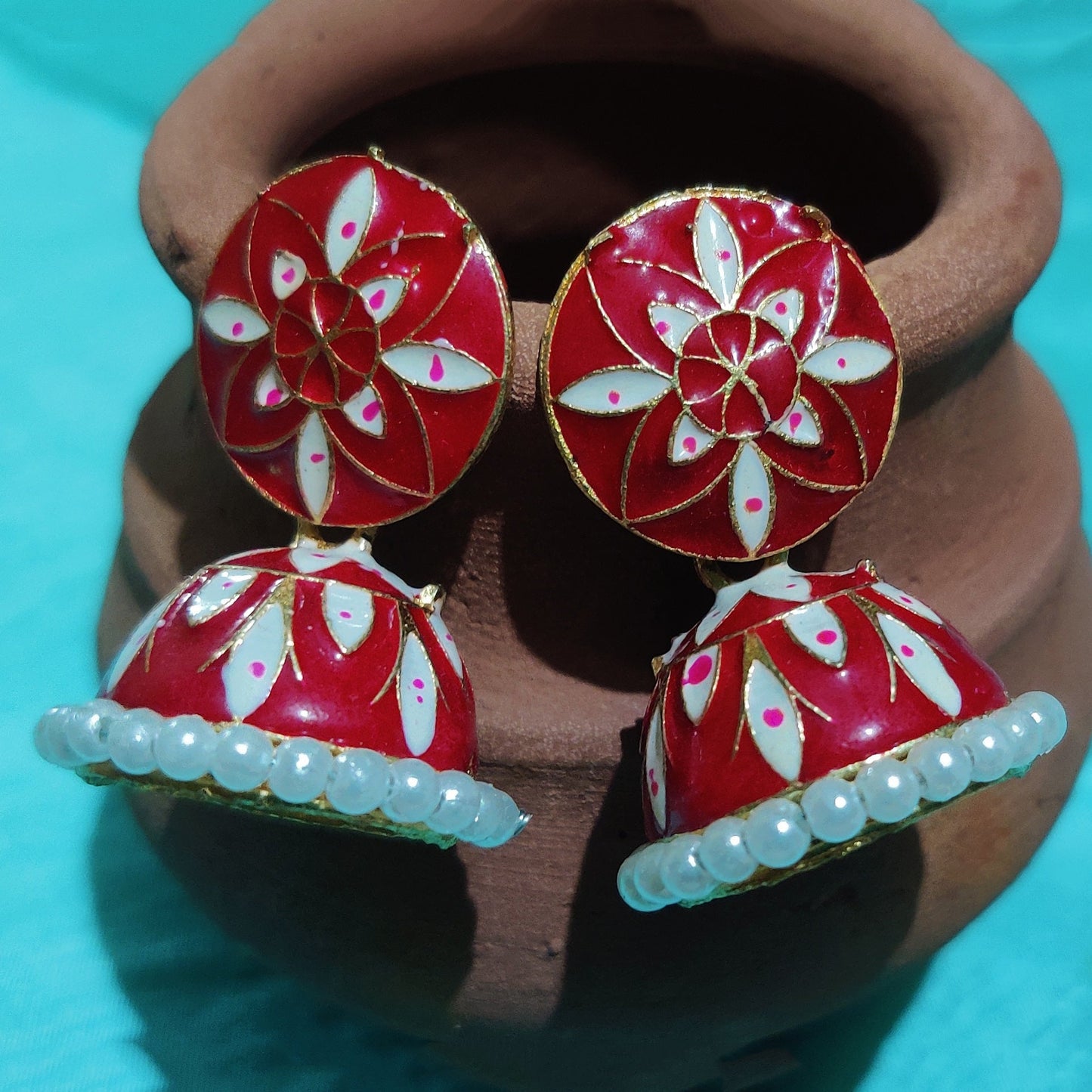 Vastradi Alloy Minakari White Beads Jhumki in Red Colour