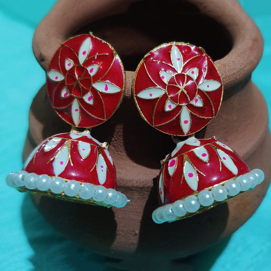 Vastradi Alloy Minakari White Beads Jhumki in Red Colour