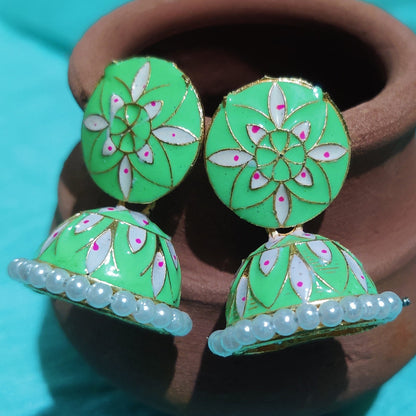 Vastradi Alloy Minakari White Beads Jhumki in Sea Green Colour