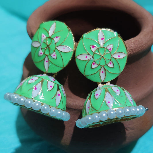 Vastradi Alloy Minakari White Beads Jhumki in Sea Green Colour