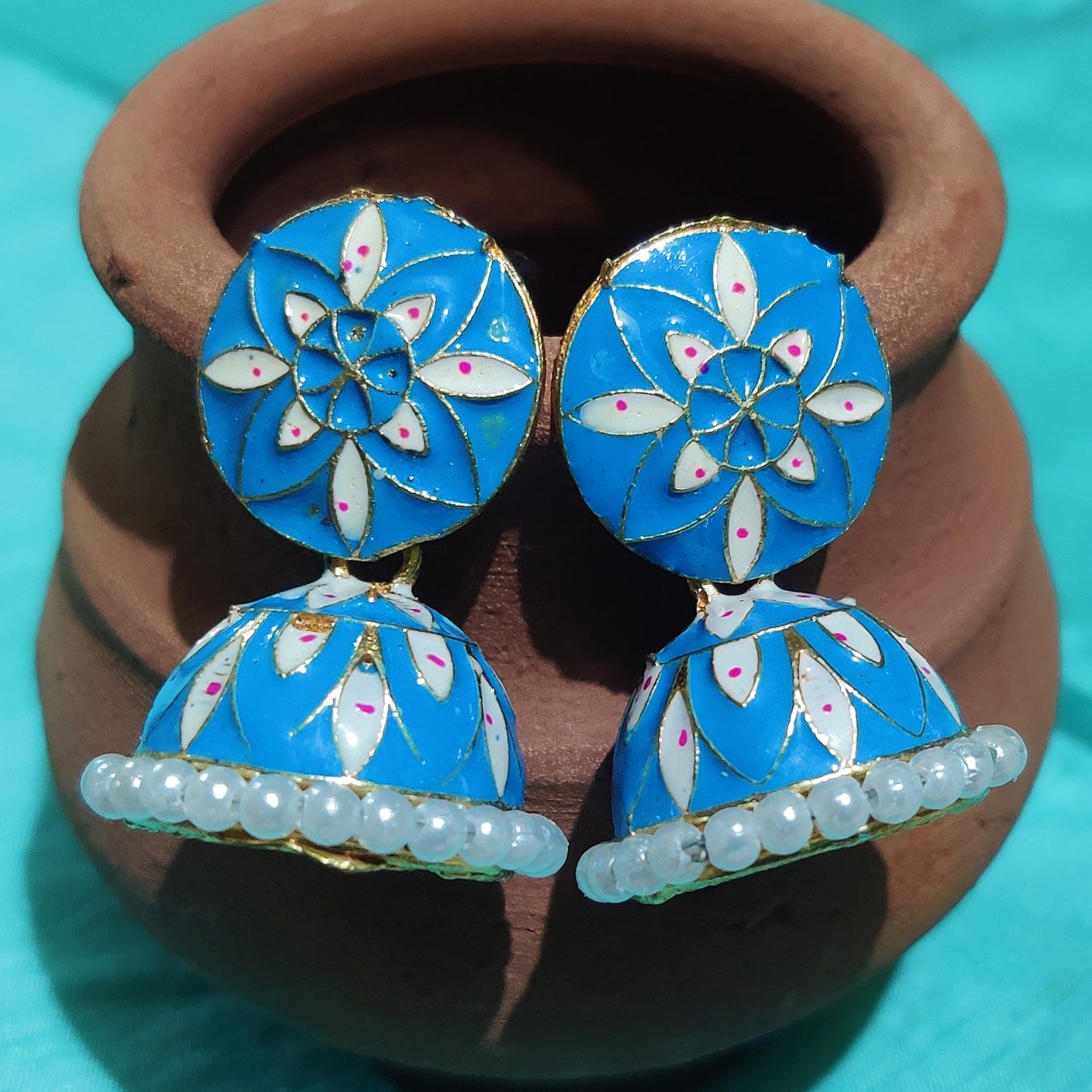 Vastradi Alloy Minakari White Beads Jhumki in Sky Blue Colour