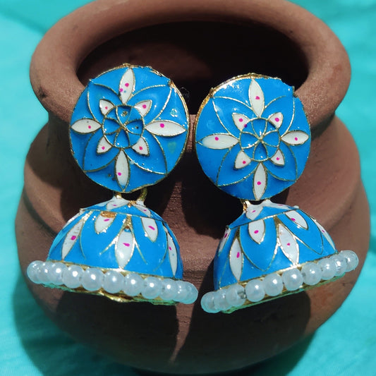 Vastradi Alloy Minakari White Beads Jhumki in Sky Blue Colour