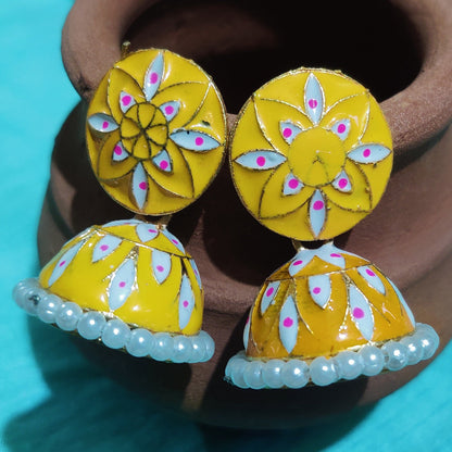 Vastradi Alloy Minakari White Beads Jhumki in Yellow Colour