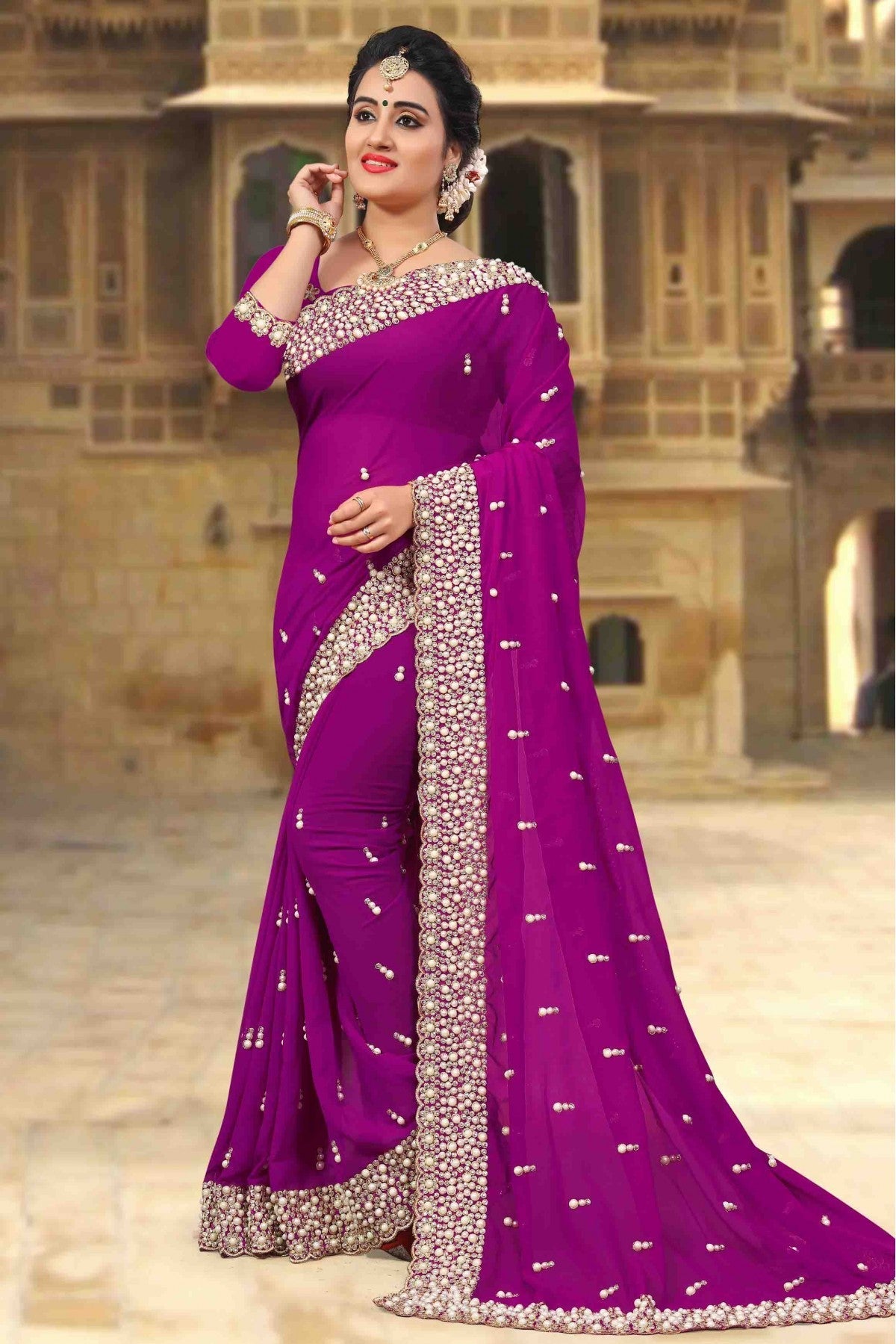 Violet Colour Georgette Designer Saree