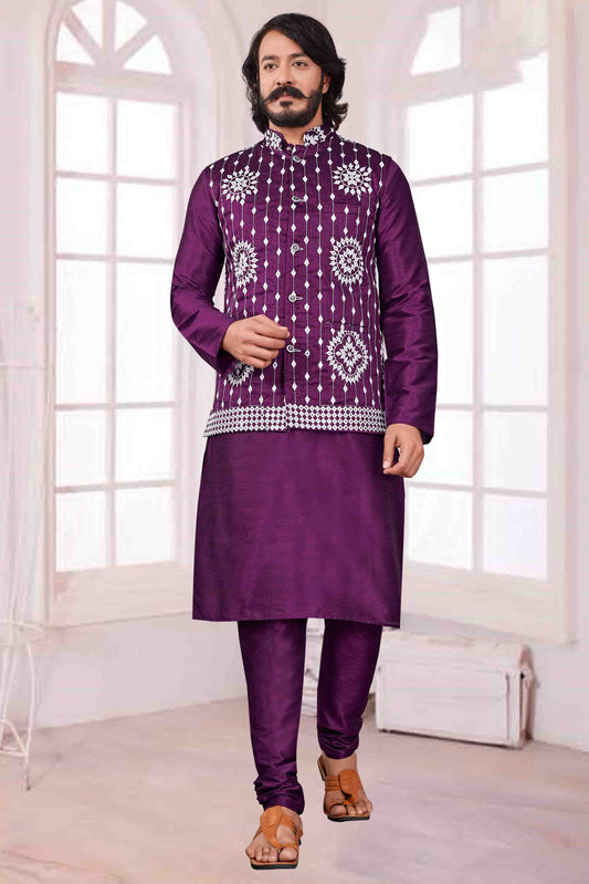 Violet Colour Kurta Pajama With Jacket In Art Silk