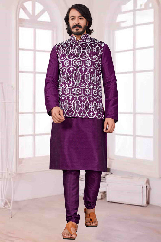 Violet Colour Kurta Pajama With Jacket In Art Silk