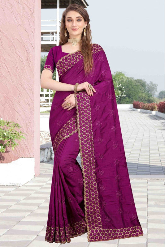 Violet Colour Vichitra Silk Designer Saree