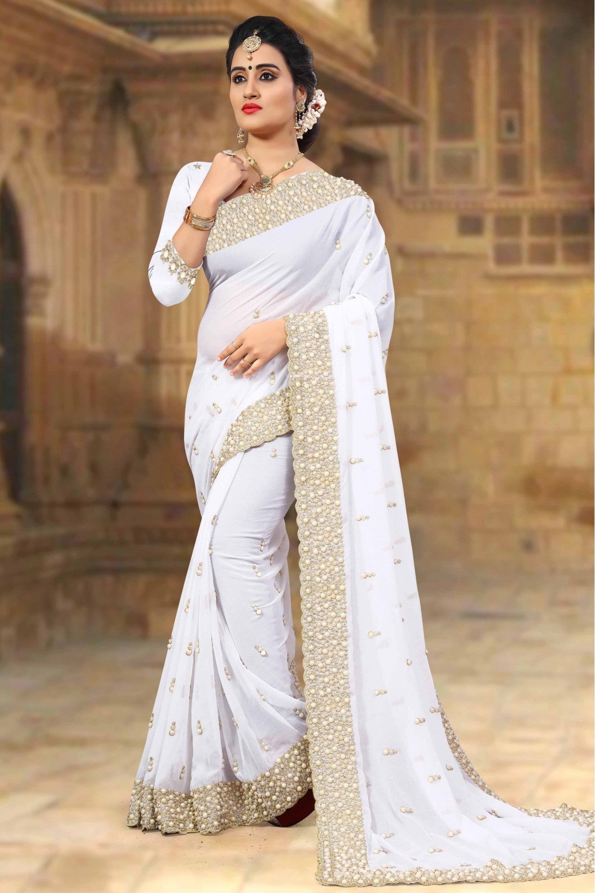 White Colour Georgette Designer Saree