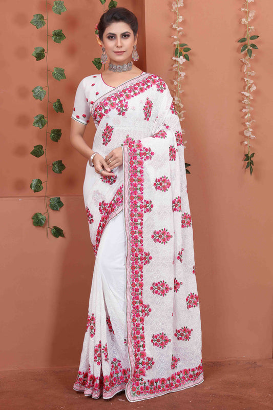 White Colour Georgette Designer Saree