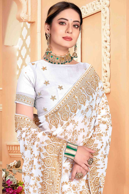 White Colour Georgette Designer Saree