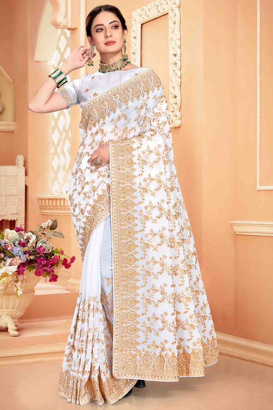 White Colour Georgette Designer Saree