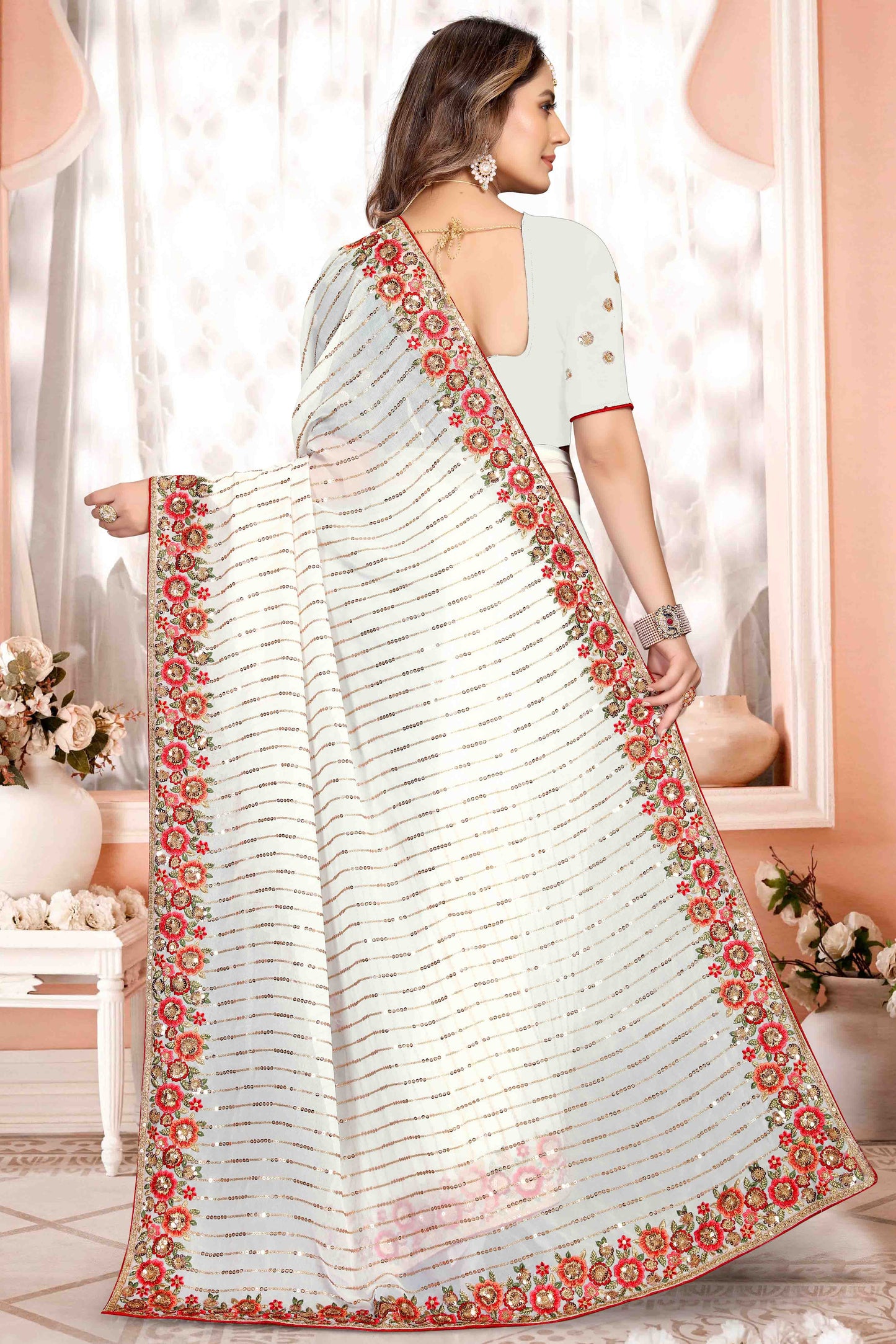 White Colour Georgette Designer Saree