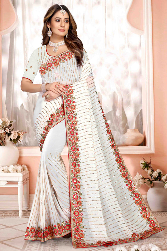 White Colour Georgette Designer Saree