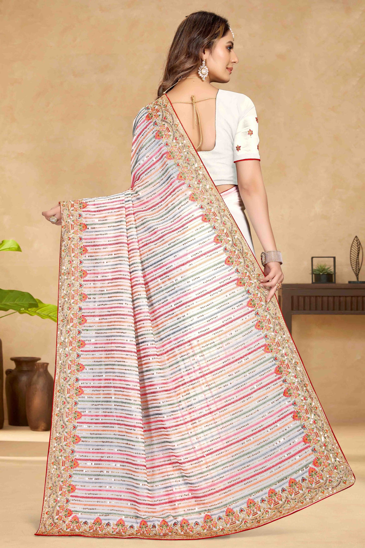 White Colour Georgette Designer Saree