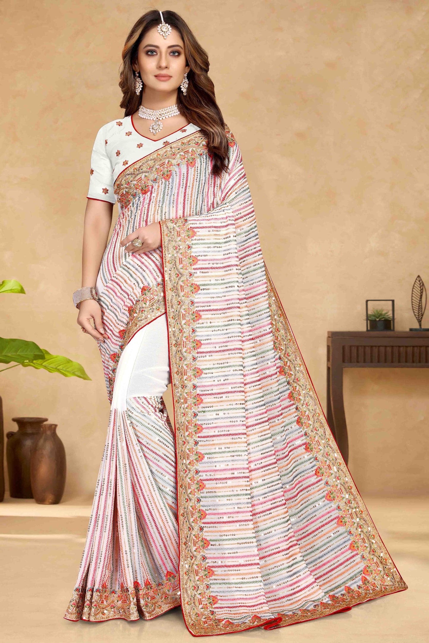 White Colour Georgette Designer Saree