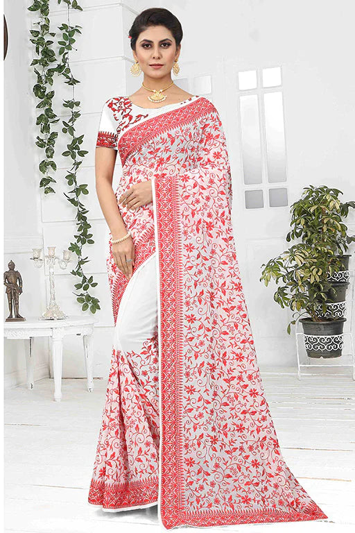 White Colour Georgette Designer Saree