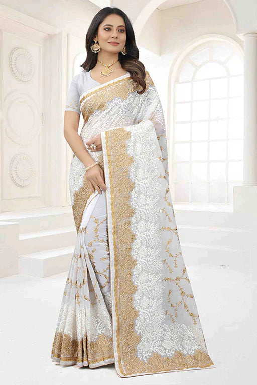 White Colour Georgette Designer Saree