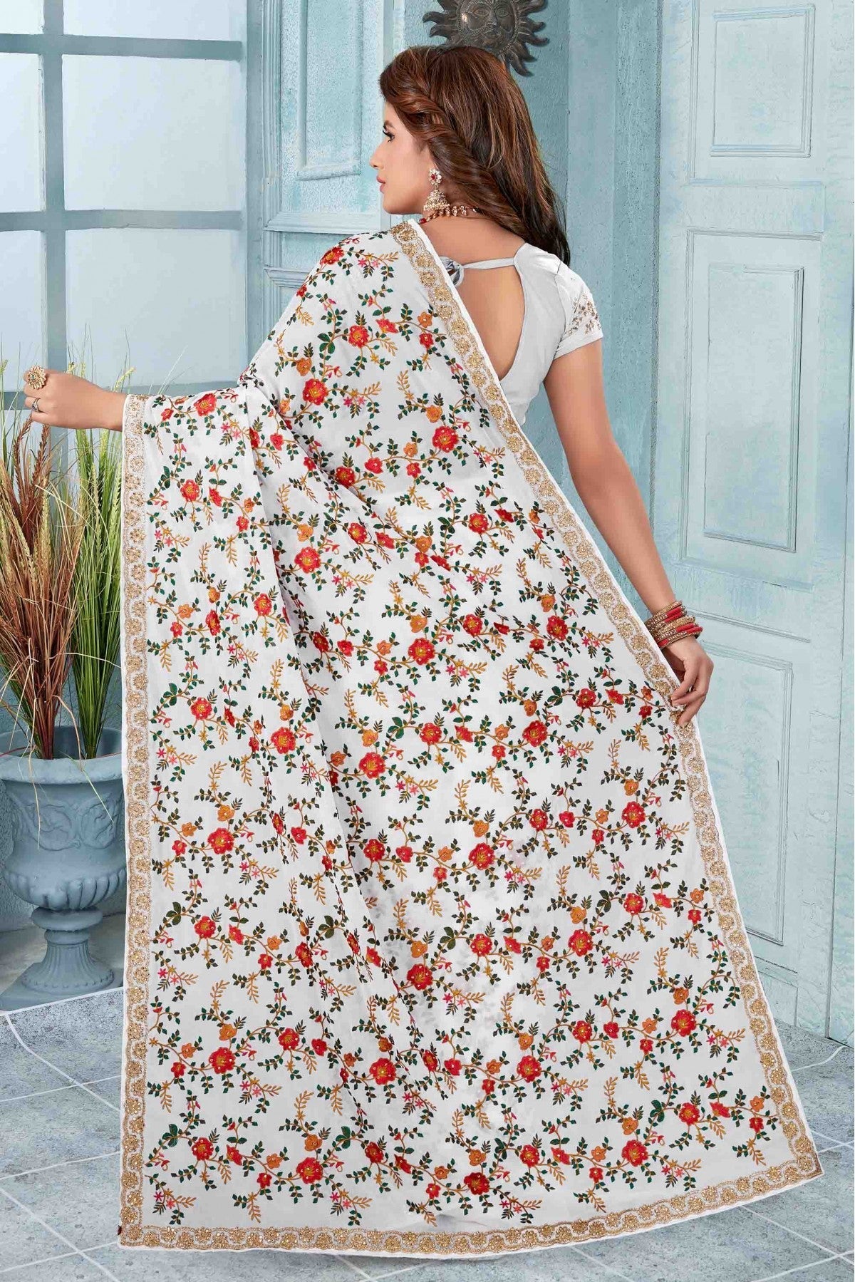 White Colour Georgette Designer Saree