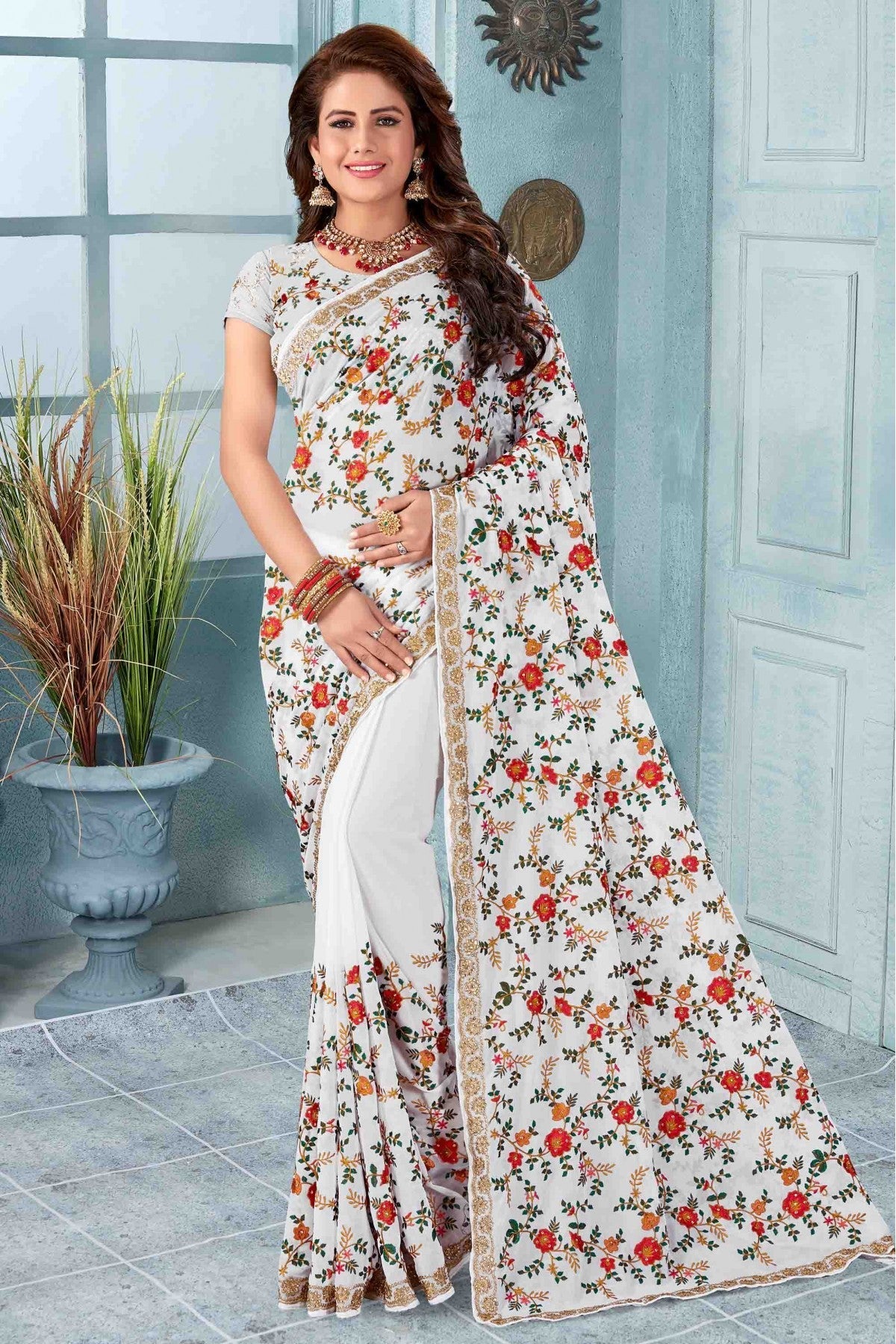 White Colour Georgette Designer Saree