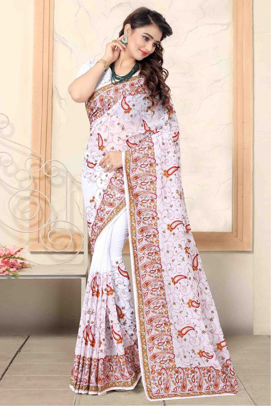 White Colour Georgette Designer Saree