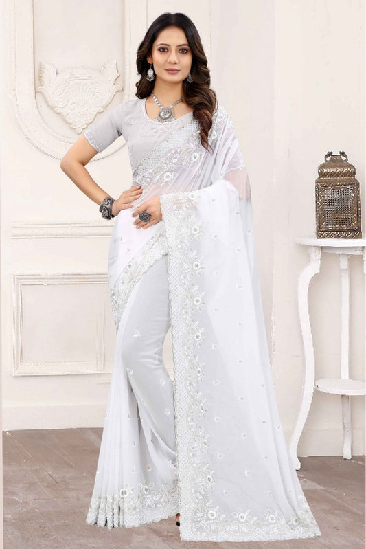 White Colour Georgette Designer Saree