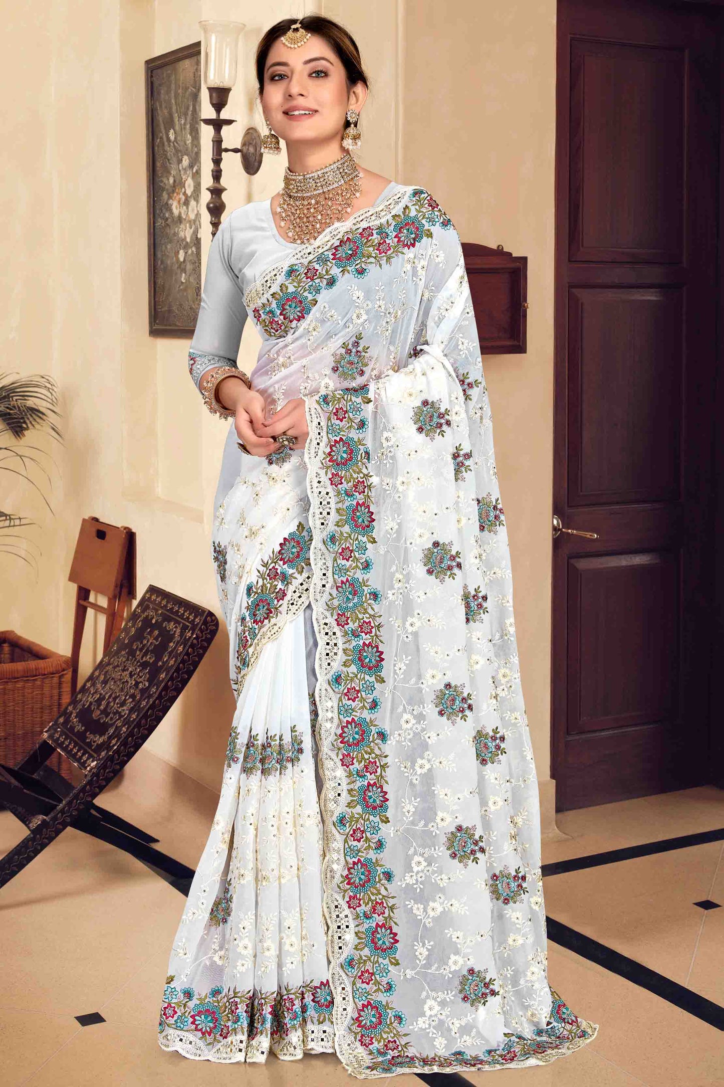 White Colour Georgette Designer Saree