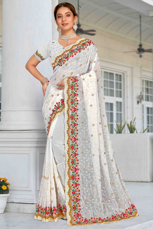 White Colour Georgette Designer Saree