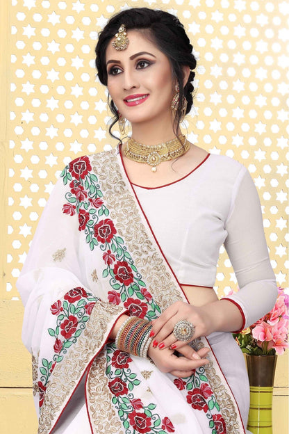 White Colour Georgette Embroidered Saree