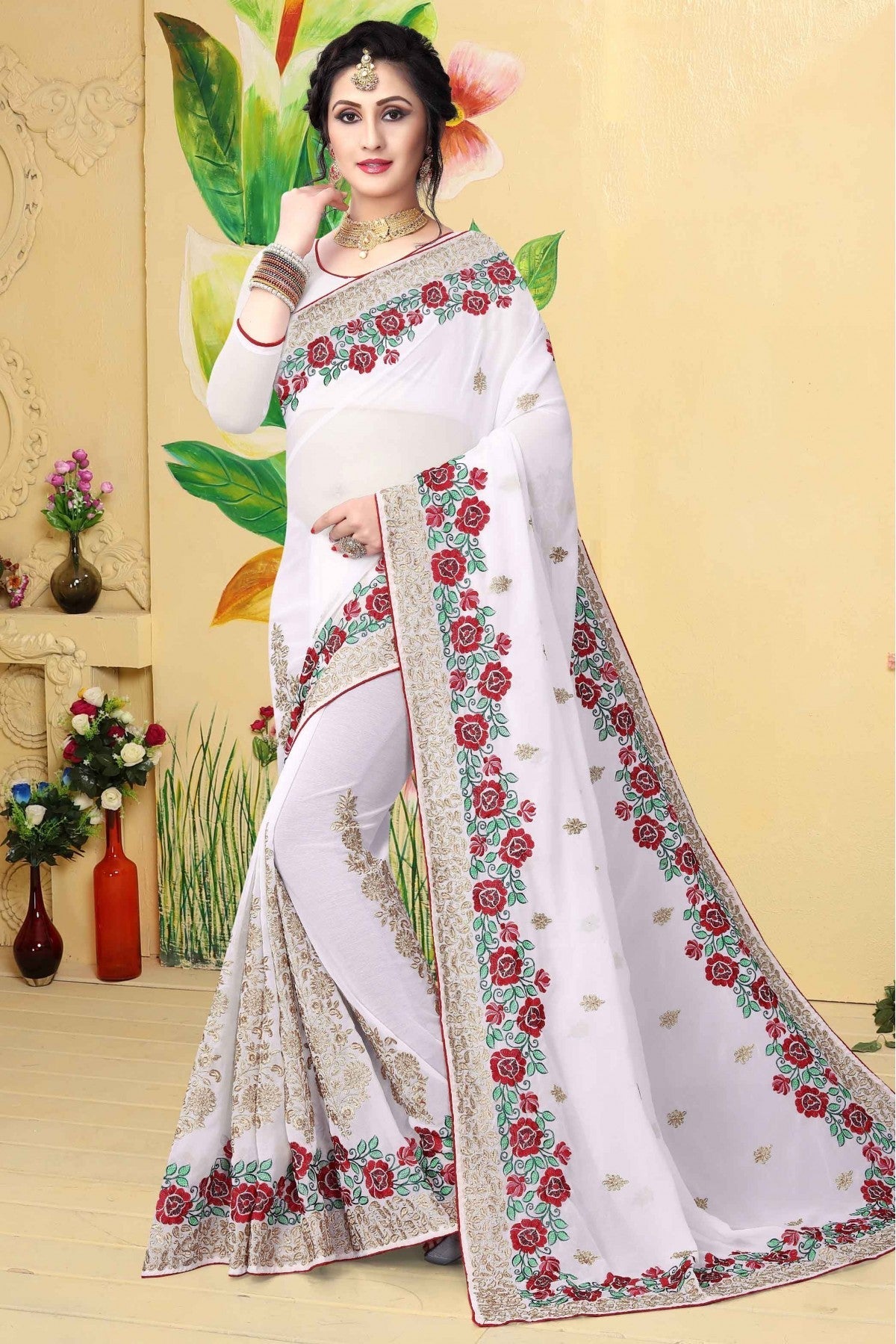 White Colour Georgette Embroidered Saree