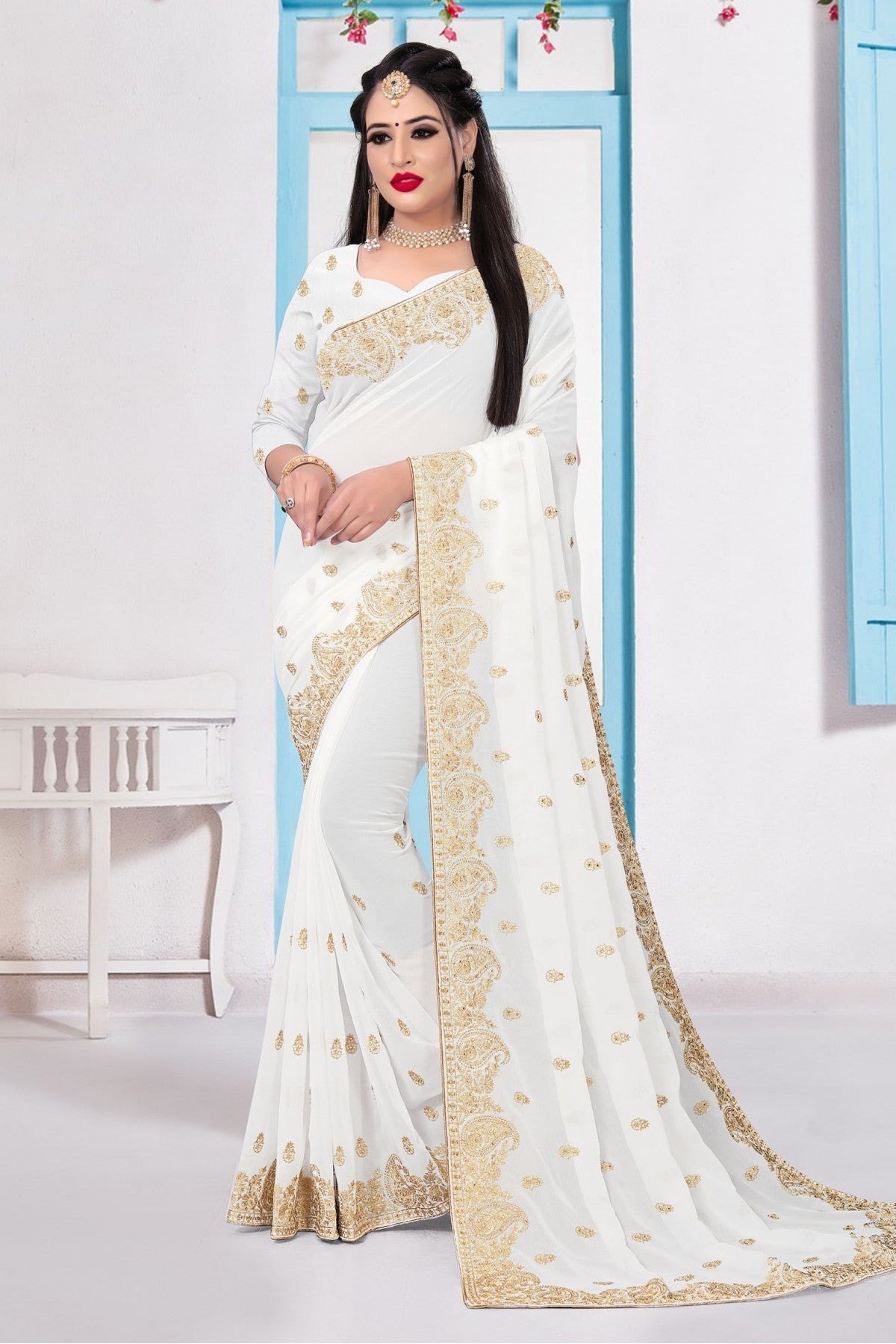 White Colour Georgette Embroidery Saree VSSD1090147